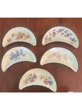 Vintage Set Old Nuremberg Bavaria Germany Bone Crescent Dish Gold Trim Floral